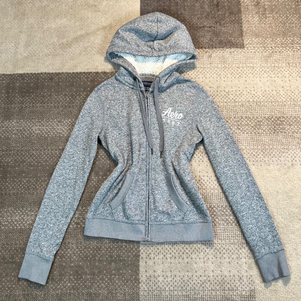 Aeropostale Womens XS Grey Heathered Sherpa Lined Full Zip Hoodie Aero 1987